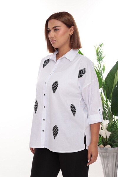 JERFİ Women's Chic Glam Stone Printed Poplin Fabric Shirt