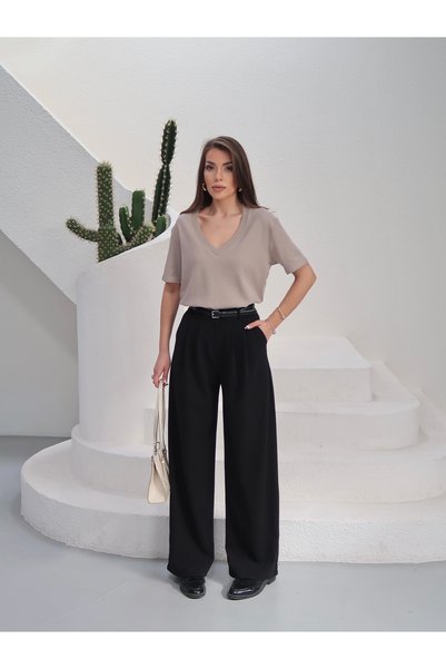 Paw Garage Kadın Massi İnterlok Kumaş V Yaka Oversize T-Shirt