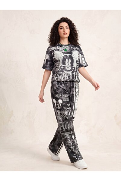 Kadın Siyah Batik Desenli Tipografik Mickey Mouse Baskılı Oversize Pantolonlu İkili Takım