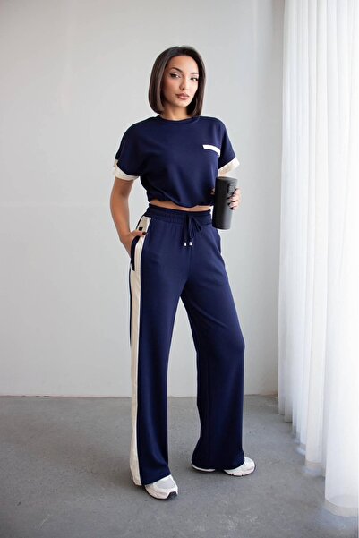 NEW JOURNAL Women's Navy Blue Garnished Elastic Waist Top and Bottom Set Nh26126