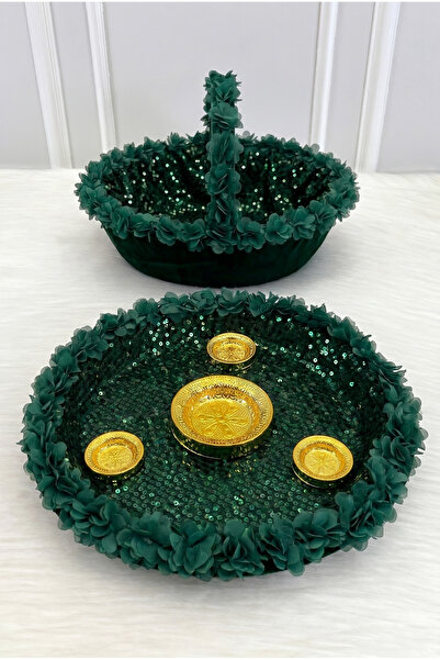 ZEYMERADE Emerald Green Bridal Velvet Henna Night Tray and Basket, Sparkling ...