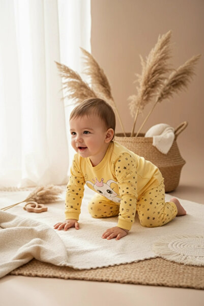 Babydonat Taçlı Fil Desenli % 100 Pamuk Kız Çocuk Pijama Takımı