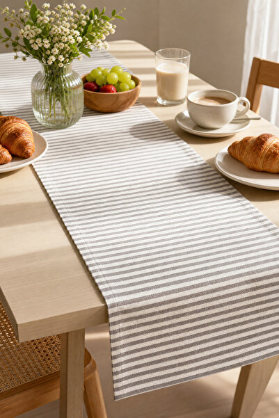 Kayasoft Masa Runner'ı Çizgili Sütlü Kahve 40x110 cm Yıkanabilir Sofra Örtüsü...