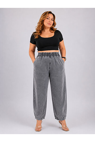 carmito Plus Size Denim Waist-Locked Stone Printed Balloon Cut Women's Trousers
