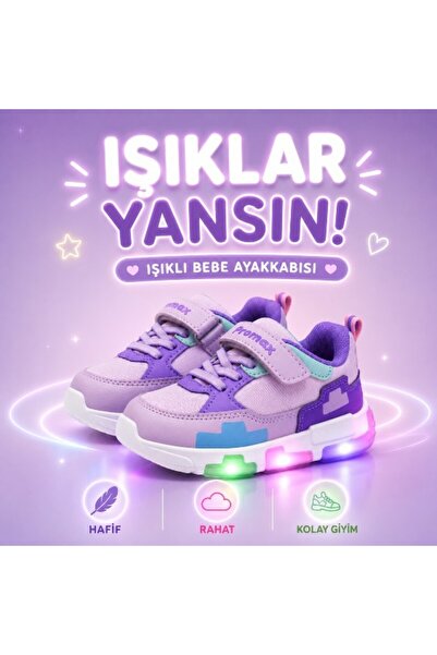 Promax KIZ ÇOCUK IŞIKLI CIRTLI BEBE SPOR AYAKKABISI 22-25 MOR LİLA