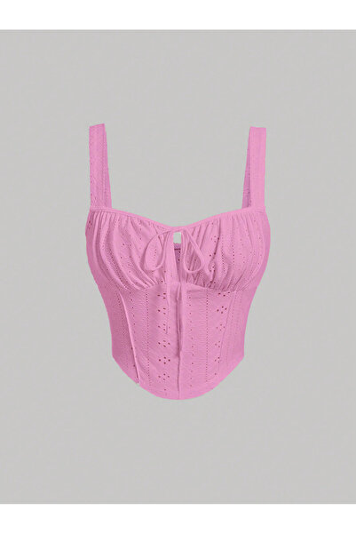 WEEST MODA Pembe Nakış Desenli Göğüs Dekolteli Geniş Askılı Crop Bluz