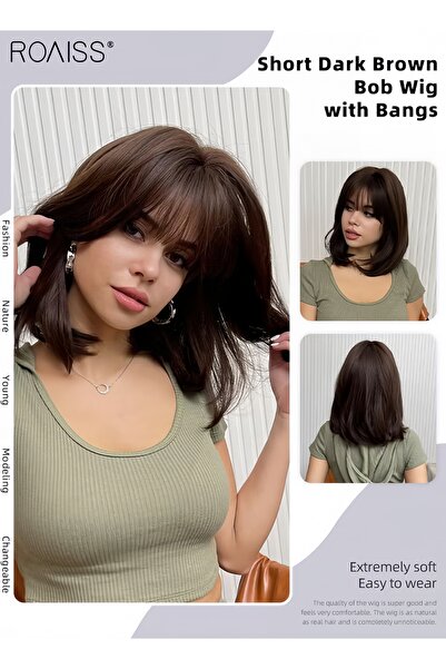 ROAISS Short Dark Brown Bob Wig with Bangs Slightly Curly Hair Ends Natural S...