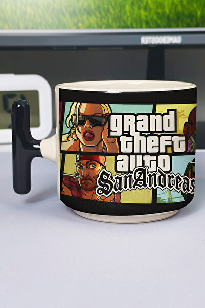 ZipZap كوب سيراميك فاخر مطبوع عليه GTA San Andreas (قطعة واحدة) على شكل حرف T...