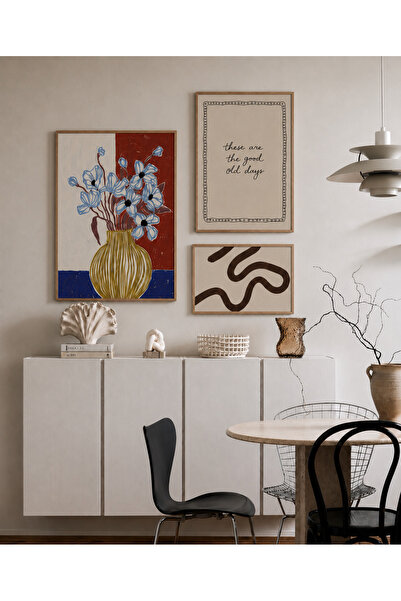 Boho wellness studio Mavi Çiçekli Vazo Ahşap Çerçeveli Dekoratif Poster Tablo...
