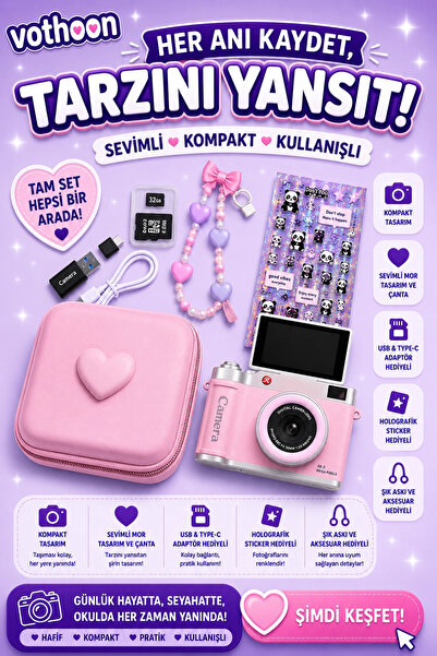 Vothoon 4K Çantalı Dijital Retro Video Kamera 48MP 16X Zoom Işıklı (32GB) Kar...