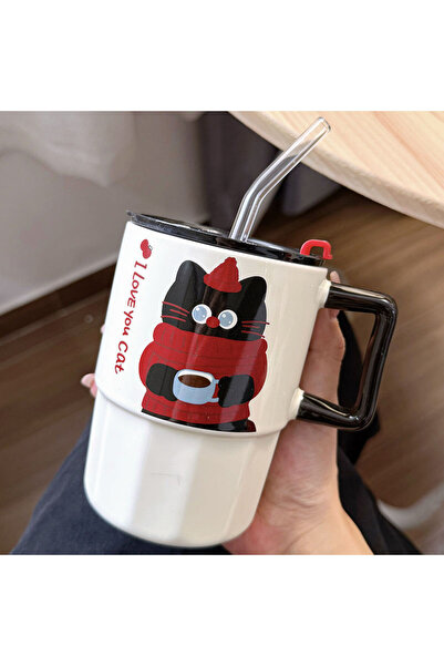 Livava Cute Cat Design Ceramic Mug with Straw and Lid, Gift Idea