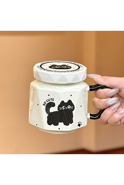 Livava Cat Design Ceramic Mug with Lid Geometric Prism Gift-White