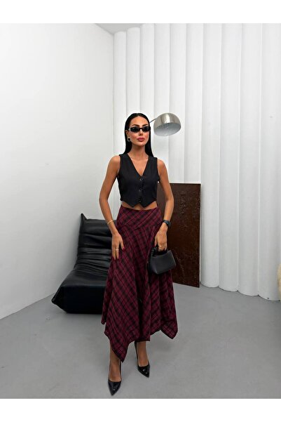 Bella Breeze Women's Asymmetrical Cut Plaid Patterned Midi Skirt