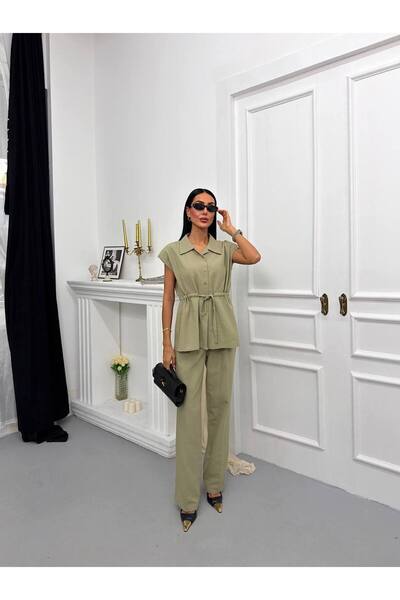 Bella Breeze Women's Drawstring Detailed Shirt and Pants Set, Relaxed Fit Two...