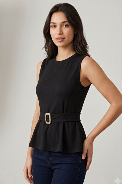 sunfyre Women's Polyadmid Fabric Belt Detailed Gold Buckle Volan Blouse Sun379