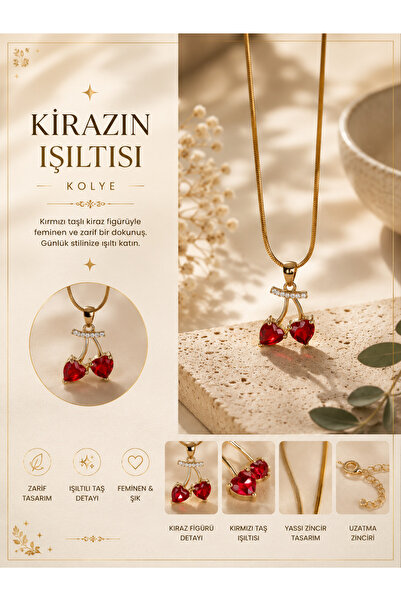 Çelik 🍒 Aybala’nın Takıları Kalp Taşlı Kiraz Kolye Gold Zincirli Şık Kadın K...