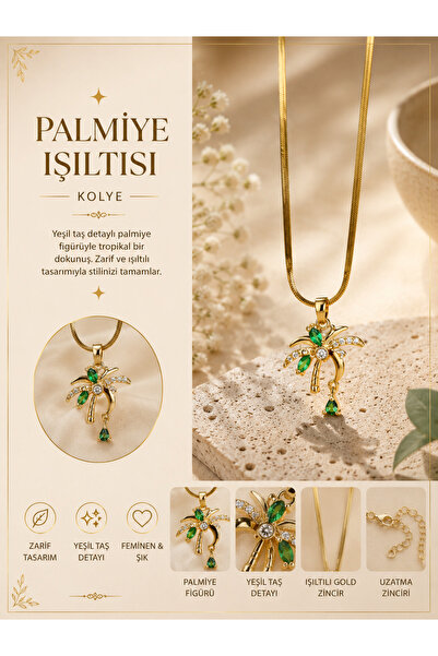 Çelik 🌴 Aybala’nın Takıları Tropikal Palmiye Kolye Yeşil Taşlı Gold Zincir K...