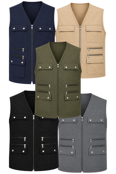 DostumGiyim Men's 9-Pocket Summer Vest, 5-Piece Set, Multi-Pocket, Zippered, ...