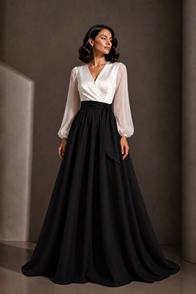 UNTIMELY White American Satin Top & Black Crepe Maxi Stylish Dress
