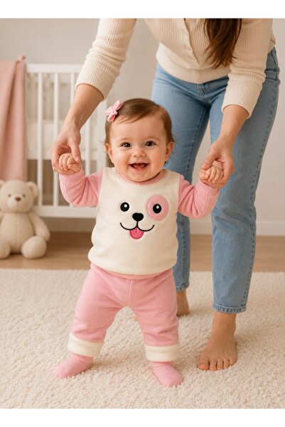Pure Boutique Costum bebe fetita roz 2 piese pufos cu bluza catelus si pantal...