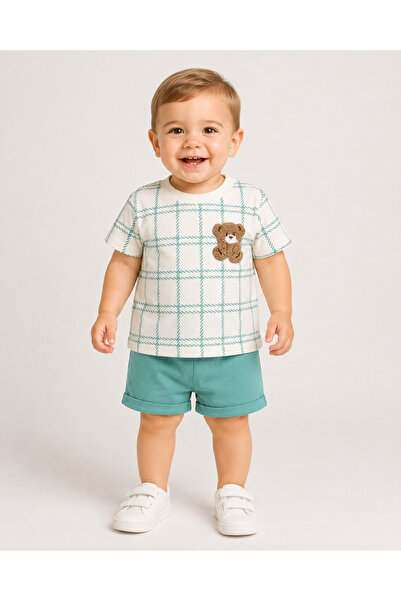 MixMax Bebe Baby Boy Plaid Bear Short Sleeve Top and Bottom Summer Baby Set 1...