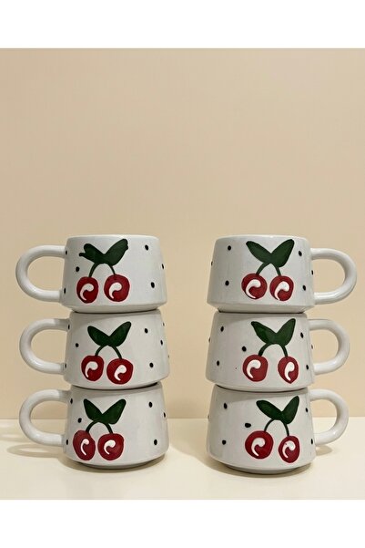 shop 6’lı Kiraz Desenli Seramik Kupa Seti