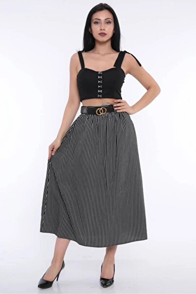 FIRST STYLE تنورة تركي أنيقة باللون الاسود بتصميم مقلم بالابيض