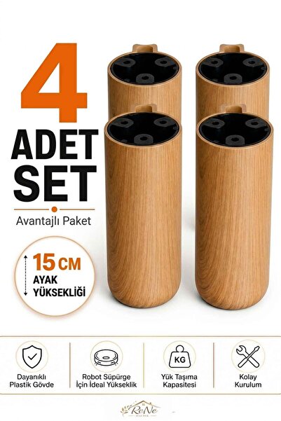 ReNe HOME Bohem 15 cm Açık Meşe 4 Adet Açık Meşe Mobilya Ayağı Robot Süpürgey...