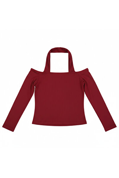 Generic Red Ribbed Halter Neck Cold Shoulder Long Sleeve Top