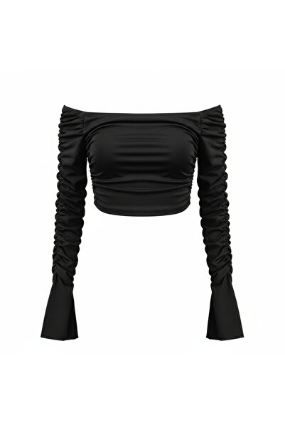 Generic Black Off-The-Shoulder Ruched Long Sleeve Crop Top