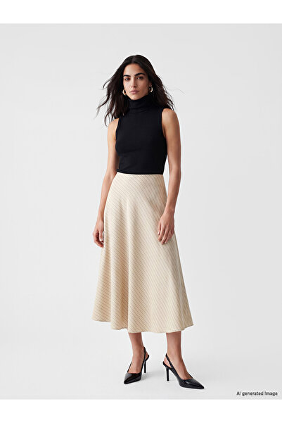 LC Waikiki Ecru Zippered Striped Flared Skirt