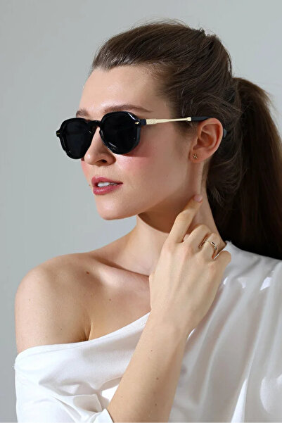 Violon Women's Black Oval Frame Black Glass Gold Detail Handle Sunglasses