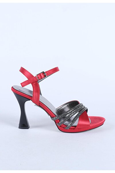 Hayati Arman Women's Stone Detailed Thin Heeled Evening Dress Shoes Red Satin