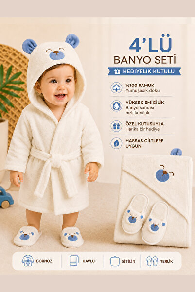 Sitilin Erkek Bebek Lüks Premium Ayıcık Bornoz Havlu Takımı %100 Pamuk yenido...