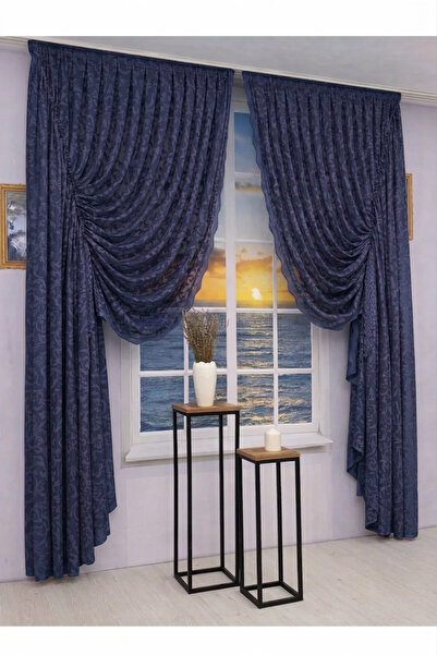 Artper Perdeniz Drawstring 2-Wing Tulle Background Curtain Navy Blue