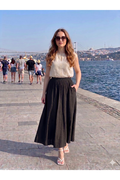HANIMCA GİYİM Summer Skirt Made of Breathable Fabric with Side Pockets, Stand...