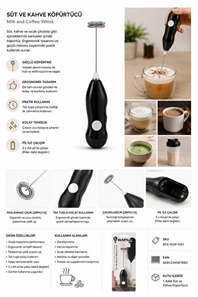 Roccos Elektrikli Süt Köpürtücü Kahve Köpürtücü El Mikseri Cappuccino Latte F...