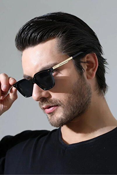 Violog Men's Black Frame Black Glass Sunglasses with Gold Edge Detail