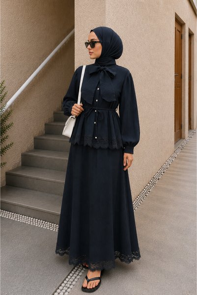 bellura Beli Bağlamalı Eteği Dantelli Pliseli Kalça Hizası Regular Tesettür K...