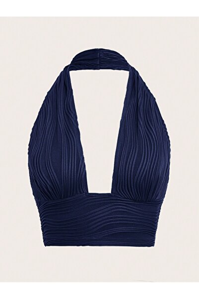 WEEST MODA Elastanlı Halter Yaka Dekolteli Crop Bluz Kadın Yazlık Şık Üst