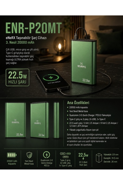 ENERX ENR-P20MT Powerbank 20000 Mah 22.5W Hızlı Şarj, Yeni Nesil Metal Kasa T...