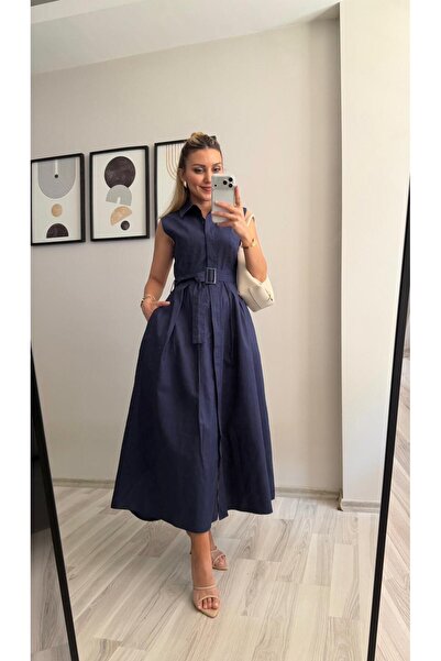 İNVİSUS Boydon Buttoned Zero Sleeve Belted Long Linen Dress