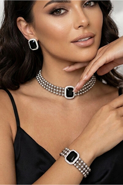 Happyline Baget Siyah Taşlı Gri Boncuklu Choker Set Takım, Gri Boncuk Kolye ,...