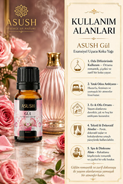 ASUSH Gül Esansiyel Yağ 10 ML – Çiçeksi, Zarif ve Kalıcı Ortam Kokusu