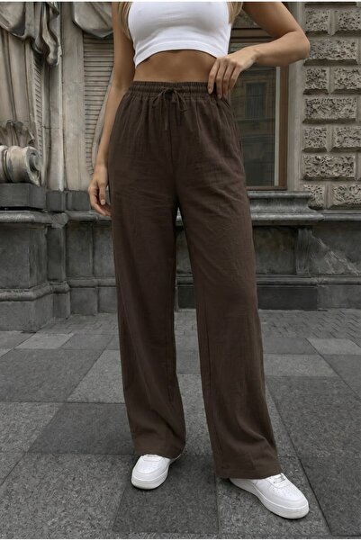 alanora Brown Linen Blend Loose-Fit Elastic Waist Pants