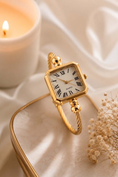 İnogge Besce Gold Roman Numeral Women's Wristwatch – White Dial Vintage Squar...