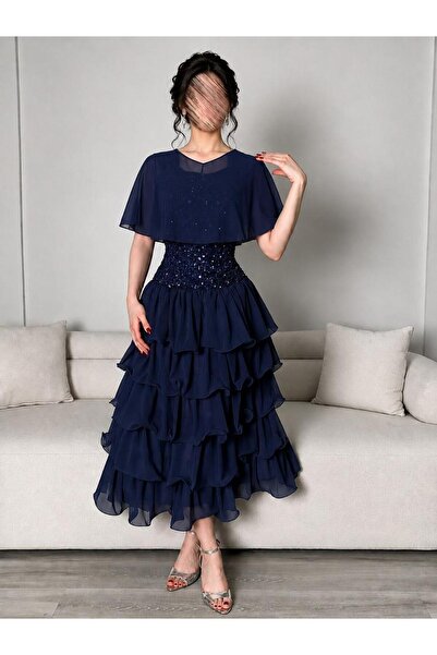 Jood Women's Midi Layered Chiffon Embroidered Luxurious Dress