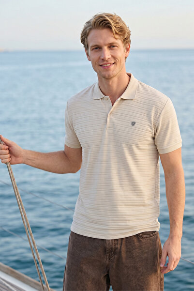 MAXIMILLIAN Men's Beige 100% Cotton Striped Textured Slim Fit Polo Collar T-S...