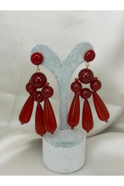 ZS Aksesuar Burgundy Beaded Dangle Earrings Large Size Geometric Design Flash...