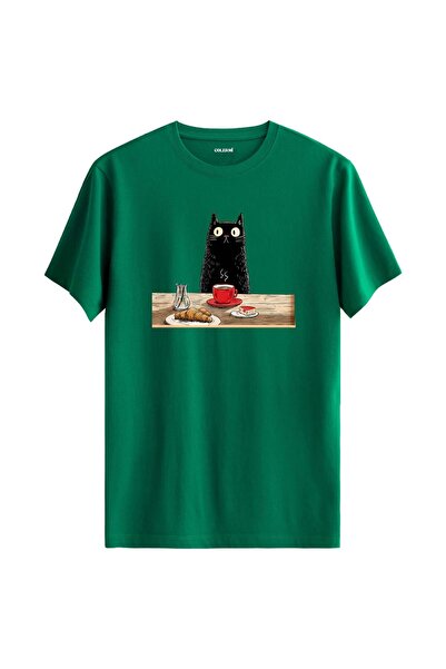 Colermi Breakfasting Black Cat Design T-Shirt